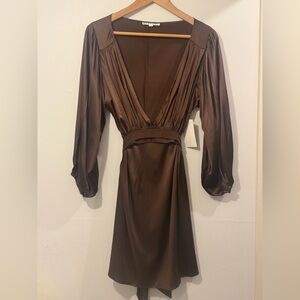 JACQUELINE CONOIR Luxury Hand made Genuine Silk Plunge Brown dress Satin